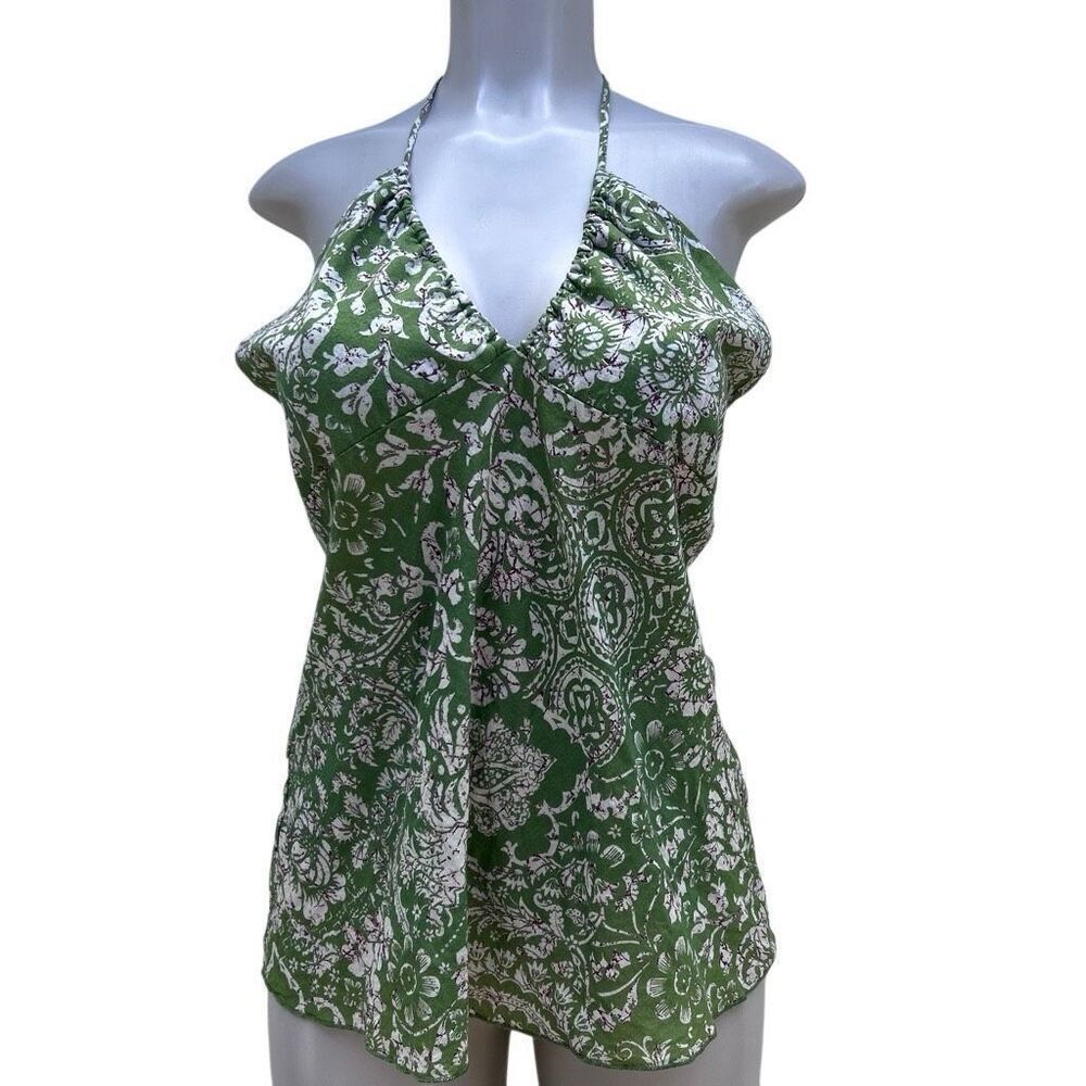 Charlotte Russe Halter Tank Top Womens Large Green White Floral Cotton Open Back